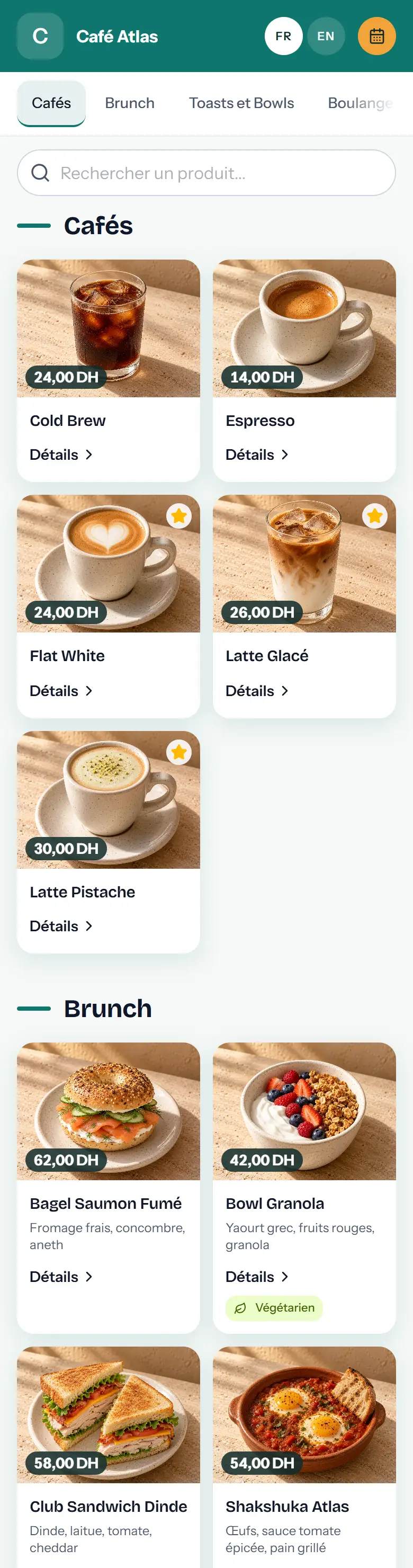 Carte digitale de Café Atlas sur un téléphone : cafés en photo, prix en dirhams, catégories et recherche.
