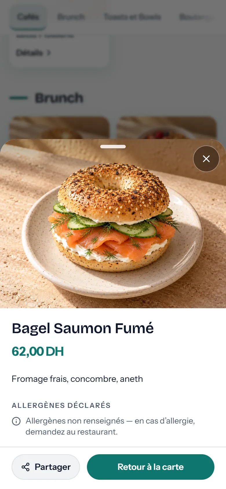 Fiche du bagel saumon fumé : grande photo, prix, description et allergènes.