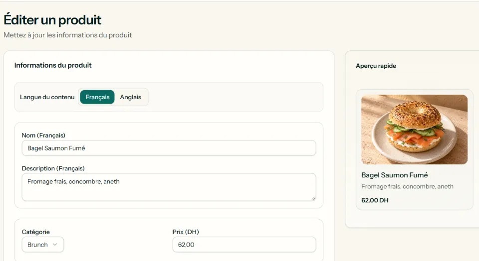 Formulaire d'édition d'un produit avec aperçu de la fiche du plat.