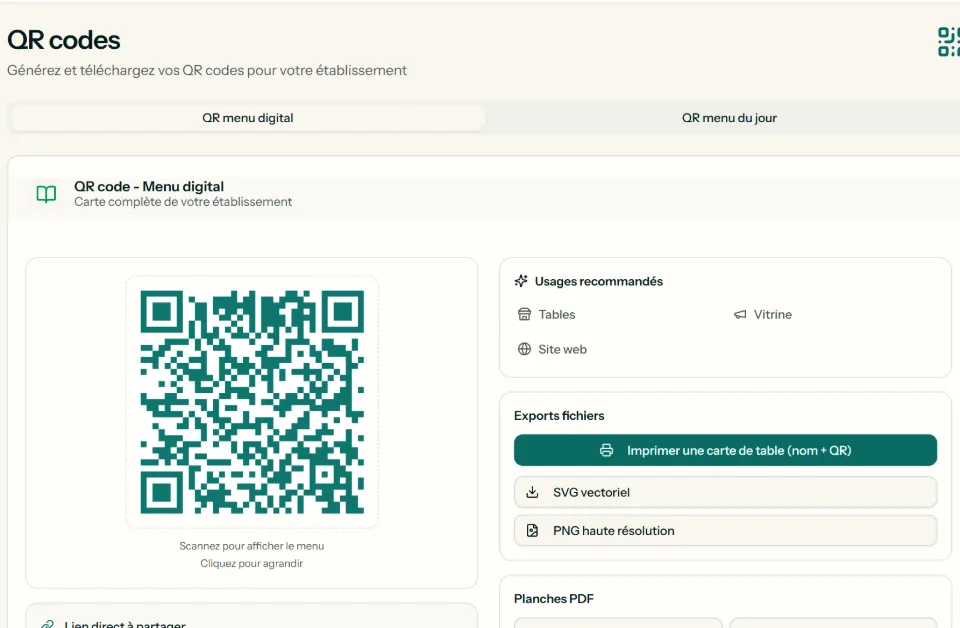 Page QR codes avec le QR de la carte et les formats de téléchargement.